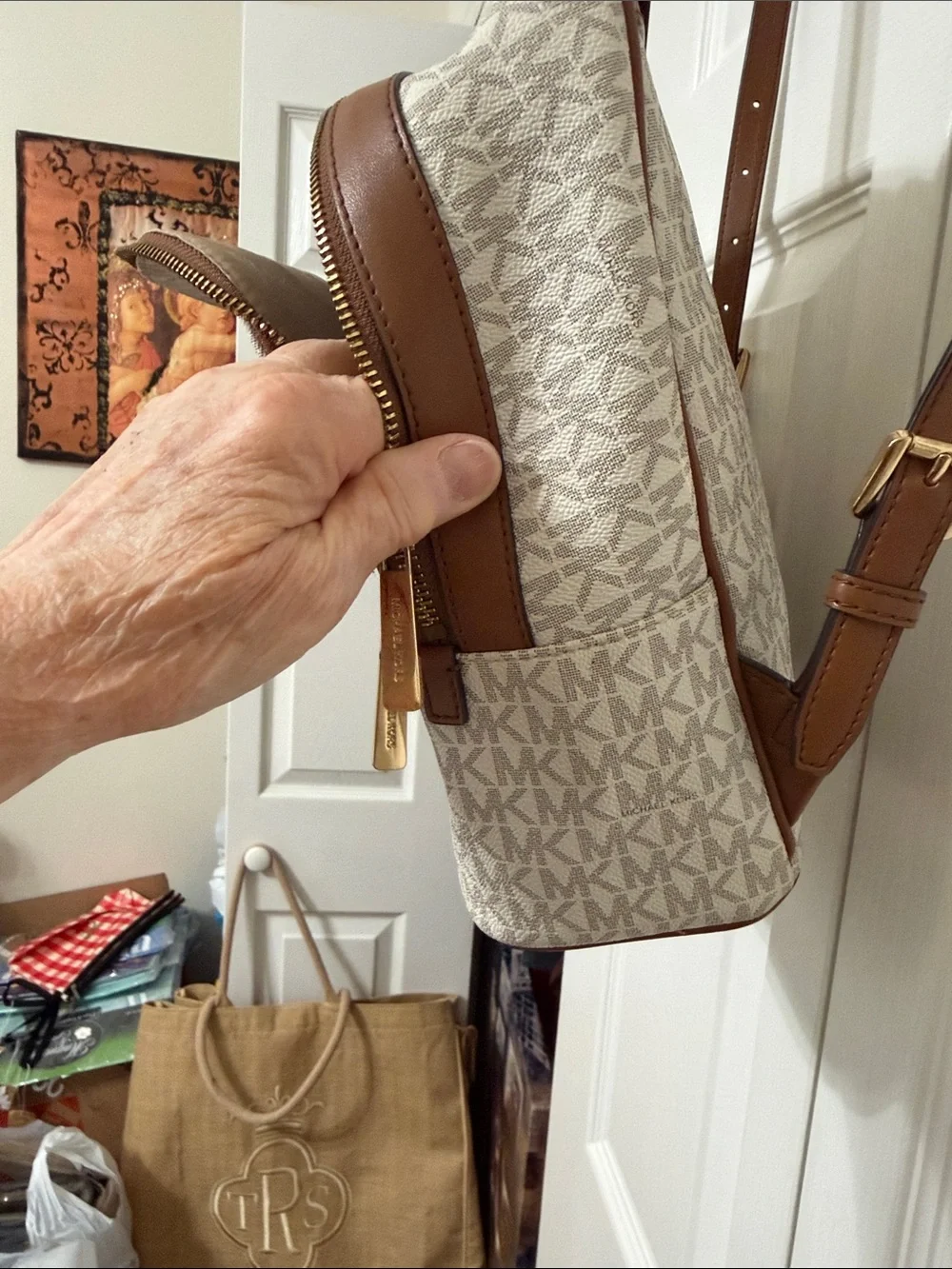 Michael Kors Beige and Brown Logo Mini Backpack